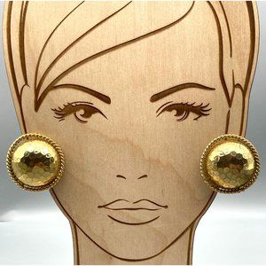 Vintage Drama Mama Brutalist Earrings, Gold Tone Hammered Dome in Rope Twist